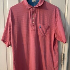 johnnie-O Men's Coral Pink Striped Polo with Chest Pocket